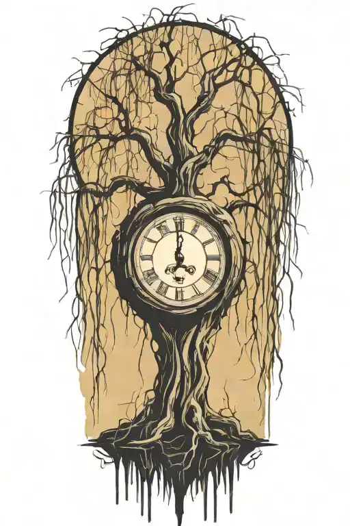 weeping willow  tree with grandfater clock and pengelum inside the trunk  tattoo design idea