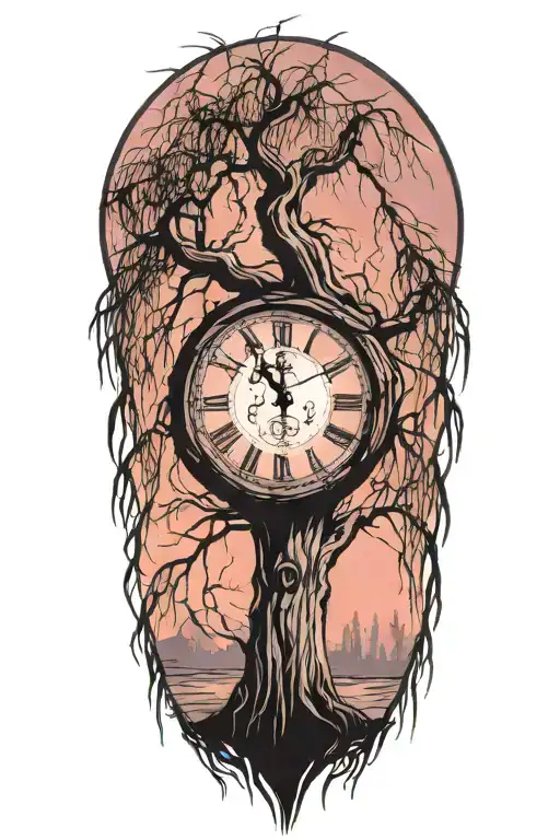 weeping willow  tree with grandfater clock in the trunk  tattoo design idea