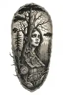 creepy wilderness half sleeve tattoo featuring needles and buttons from coraline  tattoo design idea