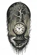 weeping willow  tree with grandfater clock and pengelum inside the trunk  tattoo design idea