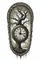 weeping willow  tree with grandfater clock and pengelum inside the trunk  tattoo design idea