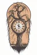 weeping willow  tree with grandfater clock in the trunk  tattoo design idea