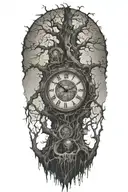 creepy tree with grandfater clock in the trunk  tattoo design idea