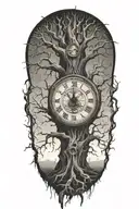 creepy tree with grandfater clock in the trunk  tattoo design idea