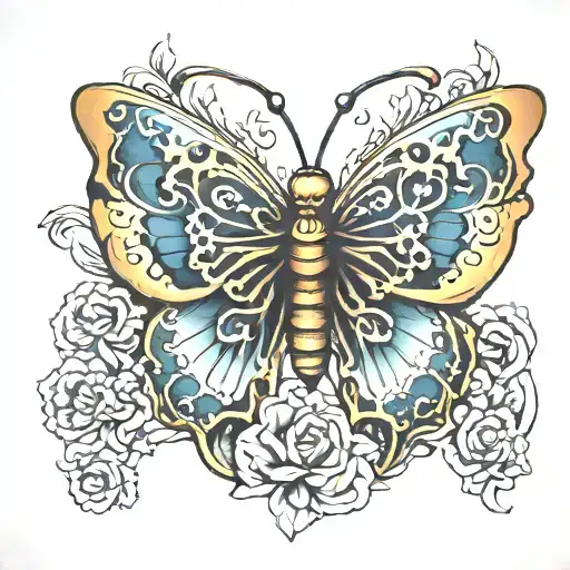 butterfly with hand of fatima detail tattoo design idea