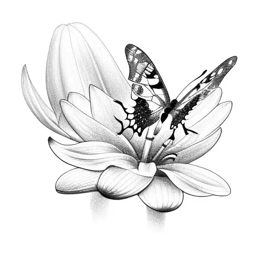 A detailed sketch of a butterfly and hummingbird perched on a lily tattoo design idea