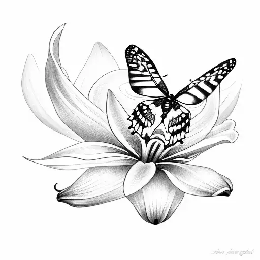 A detailed sketch of a butterfly and hummingbird perched on a lily tattoo design idea