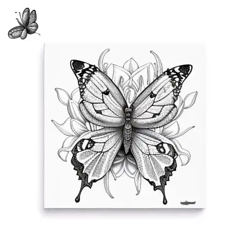 An intricate black-grey design featuring a butterfly, hummingbird, and lily intertwined tattoo design idea