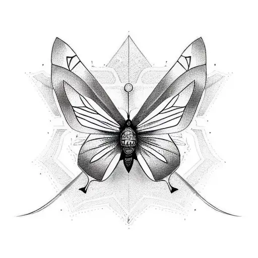 A bold and geometric blackwork tattoo depicting a butterfly, hummingbird, and lily tattoo design idea