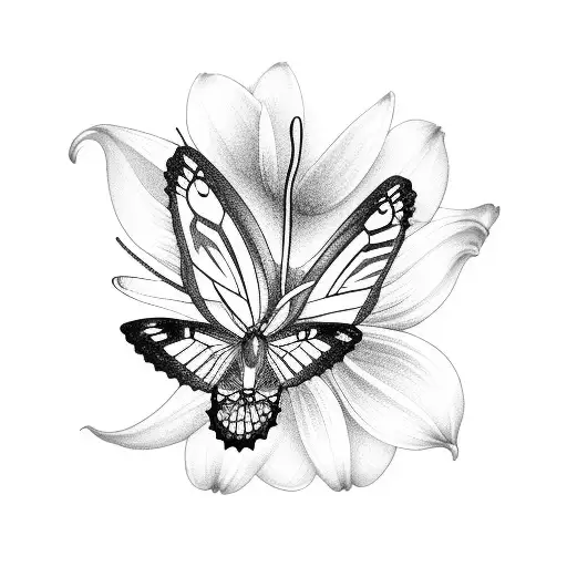 A graceful butterfly and hummingbird dancing among lilies tattoo design idea