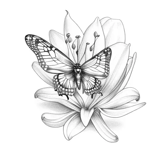 A detailed sketch of a butterfly and hummingbird perched on a lily tattoo design idea