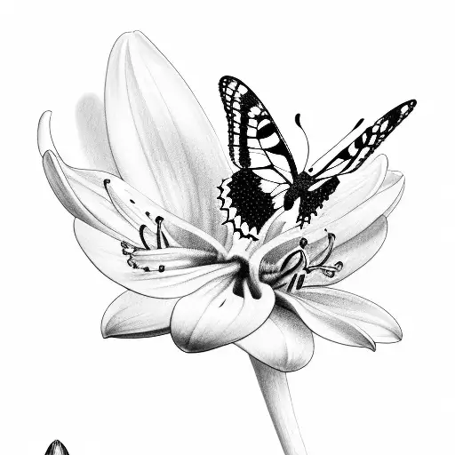 A detailed sketch of a butterfly and hummingbird perched on a lily tattoo design idea