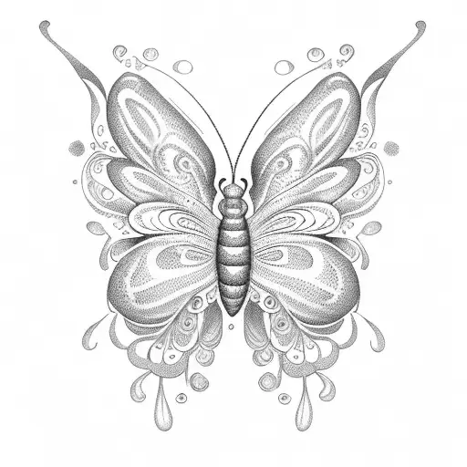 A delicate dotwork design of a butterfly and hummingbird surrounded by lilies tattoo design idea