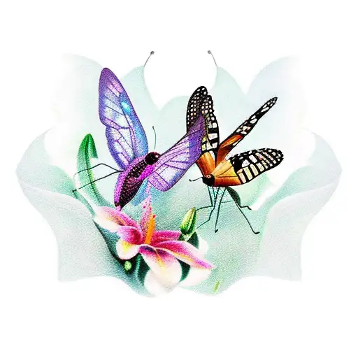 A graceful butterfly and hummingbird dancing among lilies tattoo design idea