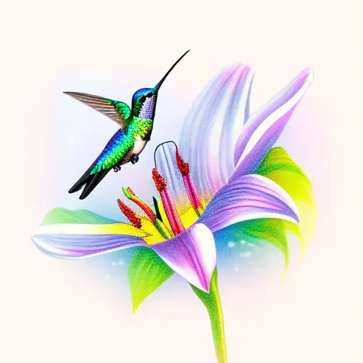 A vibrant and colorful hummingbird perched on a lily, surrounded by delicate butterfly wings as gap filler. tattoo design idea