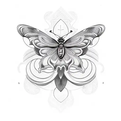 A bold and geometric blackwork tattoo depicting a butterfly, hummingbird, and lily tattoo design idea