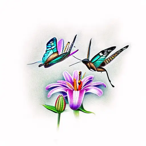 A graceful butterfly and hummingbird dancing among lilies tattoo design idea
