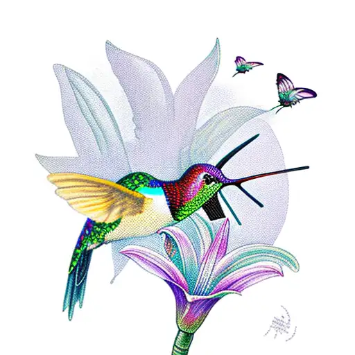 A vibrant and colorful hummingbird perched on a lily, surrounded by delicate butterfly wings as gap filler. tattoo design idea