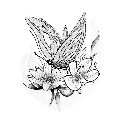 A bold and geometric blackwork tattoo depicting a butterfly, hummingbird, and lily tattoo design idea