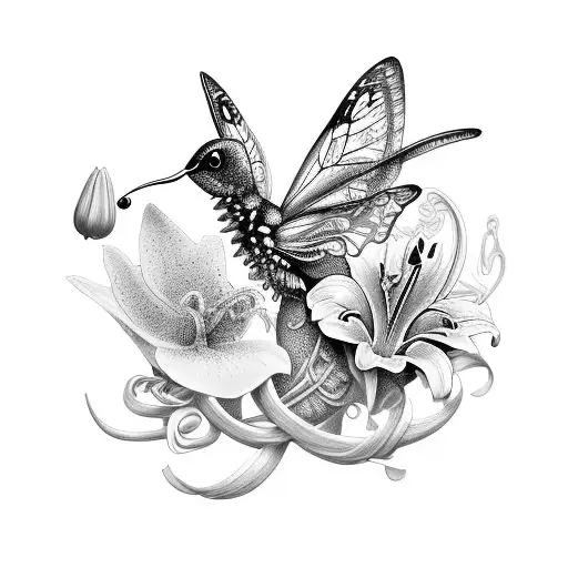 An intricate black-grey design featuring a butterfly, hummingbird, and lily intertwined tattoo design idea