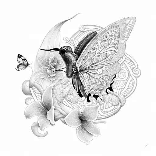 An intricate black-grey design featuring a butterfly, hummingbird, and lily intertwined tattoo design idea