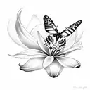 A detailed sketch of a butterfly and hummingbird perched on a lily tattoo design idea