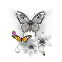 An intricate black-grey design featuring a butterfly, hummingbird, and lily intertwined tattoo design idea