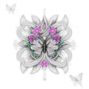 An intricate black-grey design featuring a butterfly, hummingbird, and lily intertwined tattoo design idea