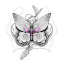 An intricate black-grey design featuring a butterfly, hummingbird, and lily intertwined tattoo design idea