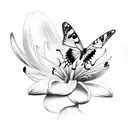 A detailed sketch of a butterfly and hummingbird perched on a lily tattoo design idea