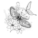 A delicate dotwork design of a butterfly and hummingbird surrounded by lilies tattoo design idea