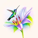 A vibrant and colorful hummingbird perched on a lily, surrounded by delicate butterfly wings as gap filler. tattoo design idea