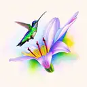 A vibrant and colorful hummingbird perched on a lily, surrounded by delicate butterfly wings as gap filler. tattoo design idea