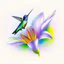 A vibrant and colorful hummingbird perched on a lily, surrounded by delicate butterfly wings as gap filler. tattoo design idea