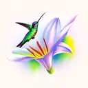 A vibrant and colorful hummingbird perched on a lily, surrounded by delicate butterfly wings as gap filler. tattoo design idea