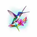 A vibrant and colorful hummingbird perched on a lily, surrounded by delicate butterfly wings as gap filler. tattoo design idea