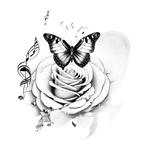 A butterfly made of roses and music notes tattoo design idea