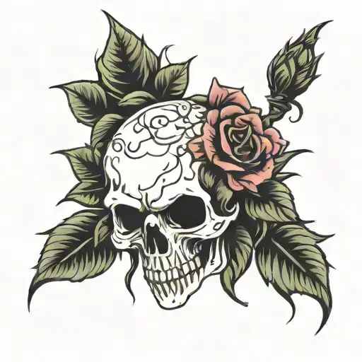 skull with roses with thorns tattoo design idea