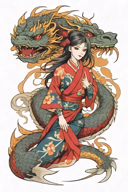 Anime girl wearing traditional Vietnamese Ao Dai wrapped up by a dragon tattoo design idea