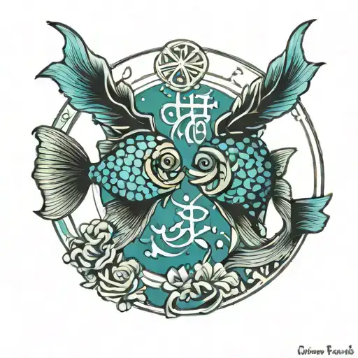Gemini zodiac sign with Pisces fish swimming tattoo design idea
