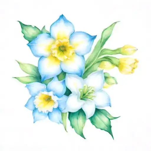 daffodil, lilly of the valley, aster and paperwhite narcussis  tattoo design idea