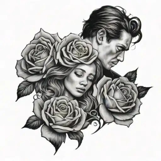 Couple crying together in a garden of roses tattoo design idea
