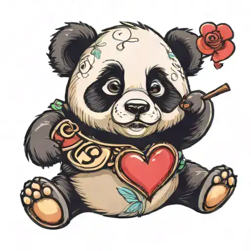 A panda holding a heart with the words 'Love you baby' in a whimsical font tattoo design idea
