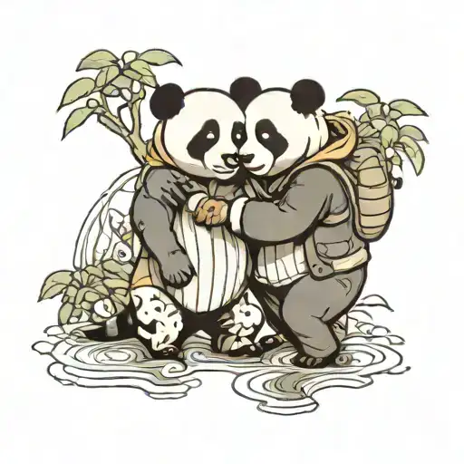 A couple hugging with tears of joy, surrounded by pandas tattoo design idea