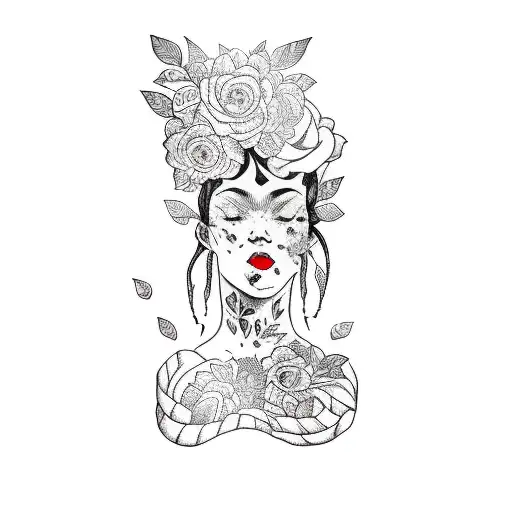 black ink tattoo of a body girl in shirt with his head made of flowers tattoo design idea
