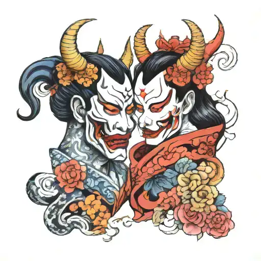 hannya mask and gemini sisters facing each other tattoo design idea