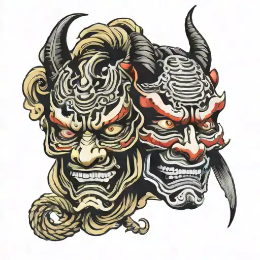 hannya mask and gemini faces  facing each other tattoo design idea