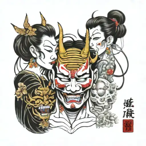 Hannya Mask and Gemini Sisters Hair Tangled tattoo design idea