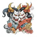 hannya mask and gemini sisters facing each other tattoo design idea