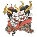 hannya mask and gemini sisters facing each other tattoo design idea